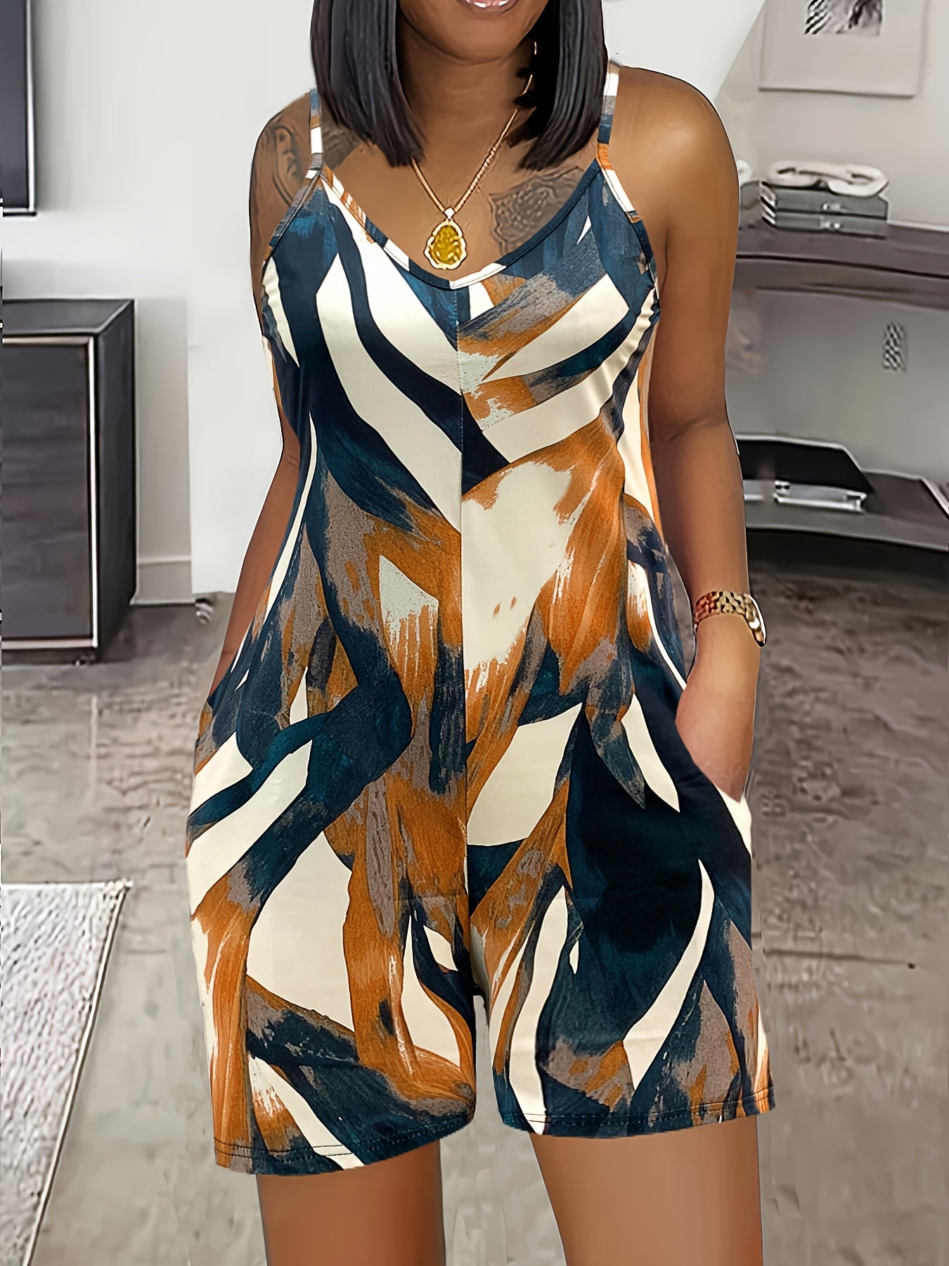 Women's Summer Elegant V-Neck Sleeveless Romper Shorts with Color Block Stripes & Abstract Print, Side Pockets - Machine Washable Casual Chic Outfit for Beach, Picnic, Lounge